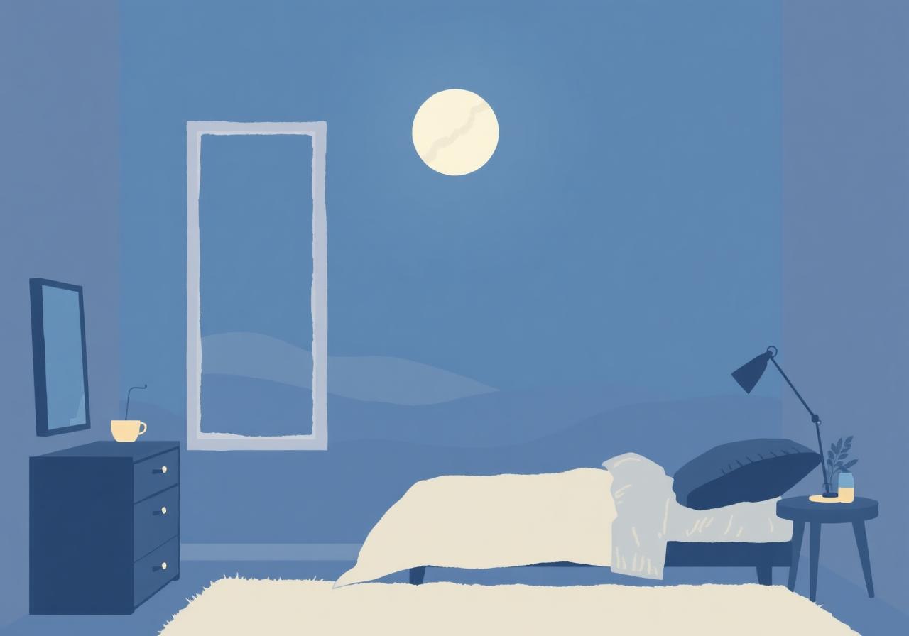 Calm bedroom at night with moonlight